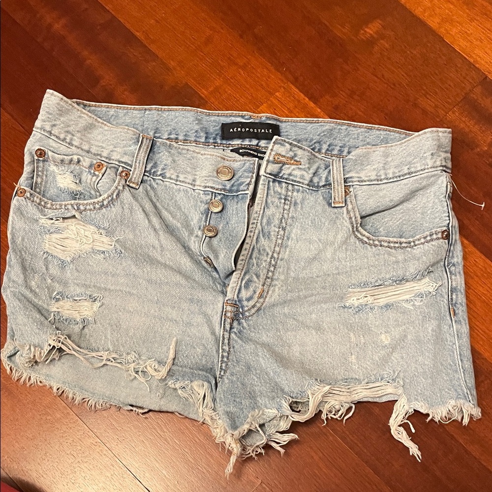 Aeropostale Light Blue Ripped Denim Shorts.  Boyfriend short.
